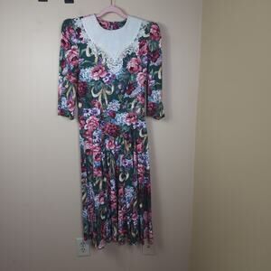 Vintage 80's Lisa II Floral Cottagecore Midi Drop Waist Dress Size 8